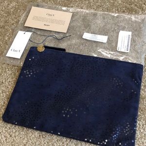 New Clare V. Leather Clutch Navy